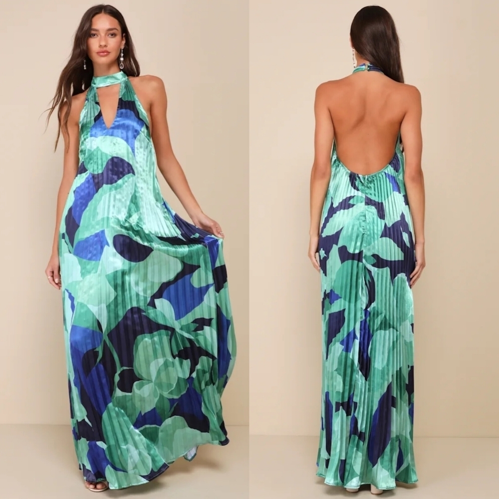 Lulus Prime Poise Green and Blue Abstract Satin Halter Maxi Dress S Party Resort